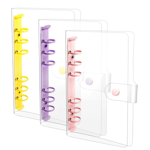 Anjmd 3 Pack A6 Soft PVC 6-Ring Binder Cover Clear Budget Binder Clear A6 6-Hole Planner Binder Cover Yellow Purple Pink Round Ring Binder Cover for Refillable Notebook