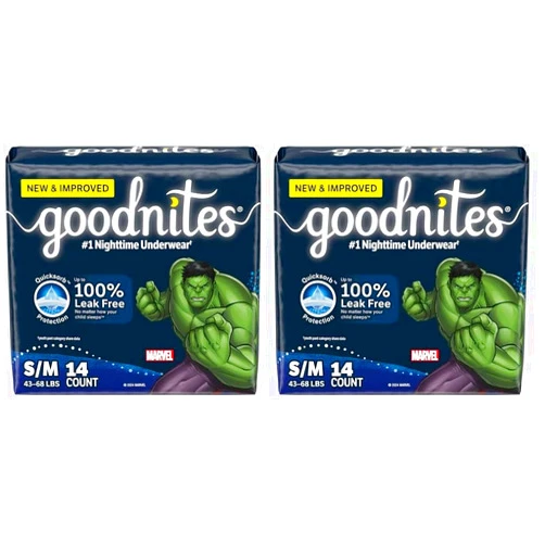 Goodnites Boys' Nighttime Bedwetting Underwear, Size S/M (43-68 lbs), 14 Ct, Packaging May Vary (Pack of 2)