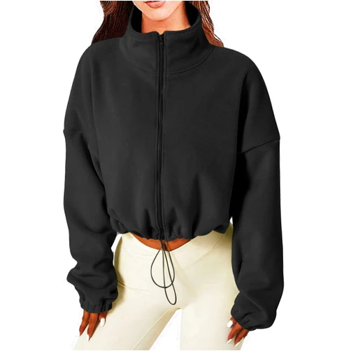 Baccarri Women's Full Zip Fleece Short Jacket Warm Fall Winter Long Sleeve Stand Collar Sherpa Crop Coat