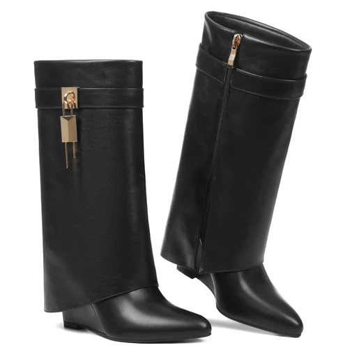CYNLLIO Shark Boots Fold Over Wide Calf Boot Covered Wedge Heel Ankle Booties Pull On Almond Toe Botas w/Side Zipper Decorative Padlock