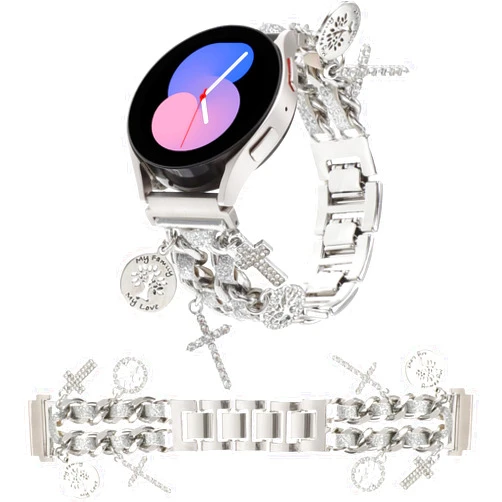 REALSIGN 20MM Stylish Metal Bands Compatible with Samsung Galaxy Watch 6/5/4 40mm 44mm,Watch 6/4 Classic,Galaxy Watch 5 Pro,Watch 3,Active 2,Cuban Chain Strap with Cute Pendants for Women