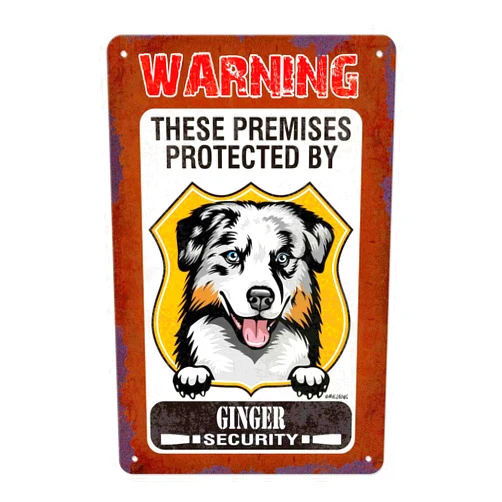 MALIHONG Warning Dog Metal Sign Dog in Yard Decor Sign Australian Shepherd Dog These Premises Protected by Dog Home Security Tin Sign Dog Gift Decor for Yard Garden Fence 12x8 Inch
