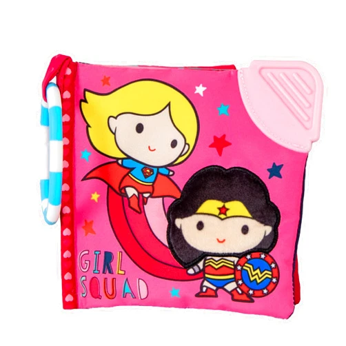 KIDS PREFERRED Warner Bros. DC Girl Squad 5 Inch Soft Book with On The Go Clip, Rattle, Crinkle Sound, Mirror, Slider, Teether, and Peek-A-Boo Flap for babies and Toddlers First Book