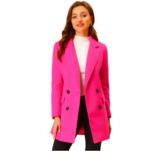 Allegra K Women's Notch Lapel Double Breasted Belted Mid Long Outwear Winter Coat