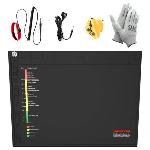 AIDACOM 14x10 Inch ESD Silicone Soldering Mat,Anti Static Repair Work Mat Tool Kits for PC Building Includes Grounding Plug Outlet Adpater,Antistatic Gloves,Wrist Strap Bracelet Wristband,Wire Cord,Aidacom