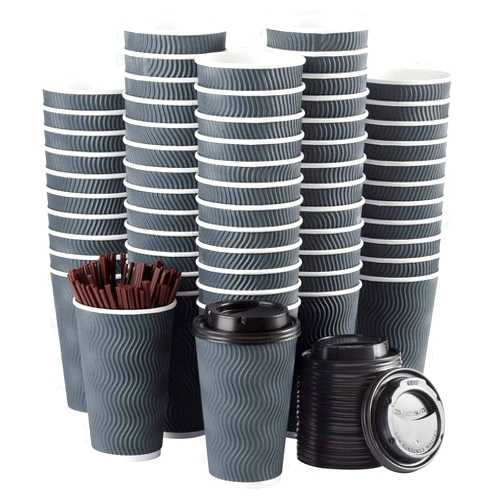SPRINGPACK Disposable Coffee Cups with Lids and Straws - 16 oz (90 Set) To Go Hot Paper Coffee Cup with Lid Togo for Beverages Tea Espresso Insulated Reusable Cold Drinks Ripple Cups