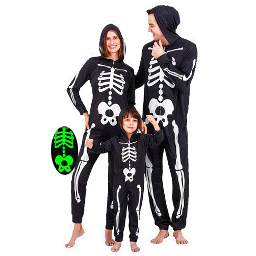 Pukdaswr Family Matching Halloween Pajamas Funny Skeleton Printed Hooded Zipper PJs Halloween Cosplay Costume for Men/Women/Kids