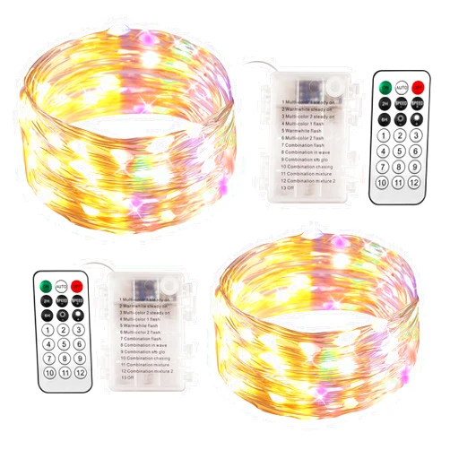 Ariceleo 2 Packs Warm White & Multi-Color Battery Operated String Lights, 5M/16.4ft. 50 LEDs Remote Control Timer 12 Modes Optional Twinkle Battery Powered Fairy Lights Sliver Wire Firefly Lights