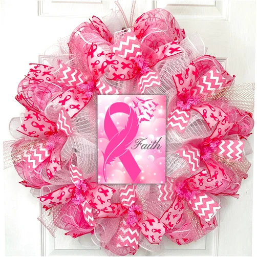 What A Mesh By Diana Breast Cancer Awareness Faith Ribbon Wreath Handmade Deco Mesh