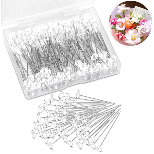 GIAVGIAV 100pcs Corsage Boutonniere Pins 2 Inch Crystal Diamond Head Clear Straight Pins for Flower Bouquet, Bouquet Accessories for Wedding Bridal Accessories Jewelry Decoration DIY Craft Sewing