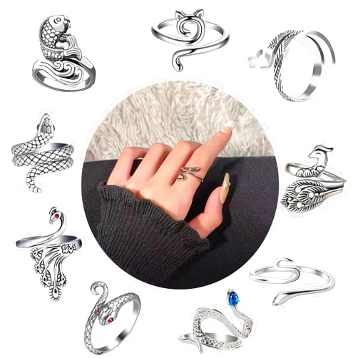 VIRHWOEA 9Pcs Adjustable Crochet Ring for Finger Yarn Guide Tension Rings, Peacock Cat Vintage Knitting Loop Crochet Rings for Women