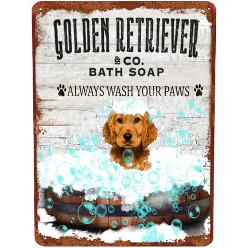 DAIERCY Goldden Retriever & Co. Bath Soap Retro Tin Sign Wash Your Paws Metal Tin Sign Funny Poster Dog Lover Gift Bathroom Wall Decor For Home Office Apartment Hotel 5.5x8 Inch Sign Gift Housewarming Gift
