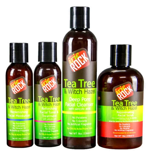 Irie Rock Tea Tree & Witch Hazel 4 Step Acne Treatment System with Salicylic Acid and Niacinamide - Great for Acne Prone and Oily Skin- For Men and Women (Cleanser, Toner, Moisturizer, Scrub)