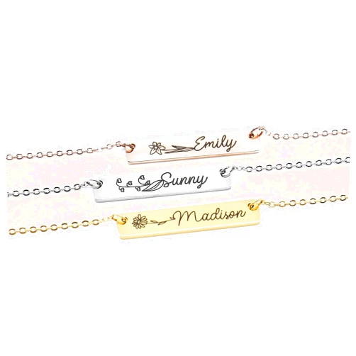 Somethings2share Customizable Flower Name Necklace Horizontal Bar Pendant Necklace Personalized Delicate Engraved Mother Daughter Wedding Holiday Birthday graduation Bridesmaid Valentine's Day Gift