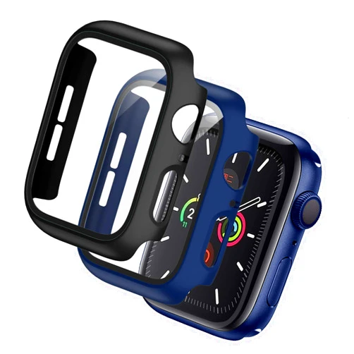 BHARVEST 2 Pack Hard PC Case Compatible with Apple Watch SE 2022/Series 6/5/4/SE 40mm, Case with Tempered Glass Screen Protector Overall Bubble-Free Cover for iWatch Accessories, Black+Blue