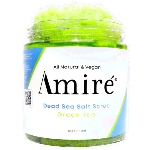 Amire Green Tea Dead Sea Salt Body Scrub. All Natural Body Polish. Infused with Argan, Peppermint, and Sunflower Oil.