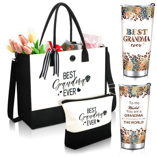 Silkfly 3 Pcs Best Grandma Ever Set for Women Christmas Gifts Stainless Steel Tumbler Canvas Tote Bag Mothers Day Birthday Gifts for Friend Family Coworker