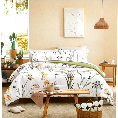 CASAAGUSTO Queen Comforter Set 7 PCS White & Green Dandelion Plant Comforter Set with Flowers Leaves Pattern Soft Seersucker Design All Season Microfiber Bedding Set(90
