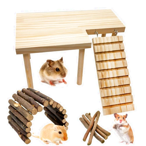 Niwaes Wooden Hamster Platform with Legs, Small Syrian Hamsters Climbing Platforms with Ramp Kit Wood Ladder Bridge Rat Playing Toy Standing Table Gerbil Cage Accessories