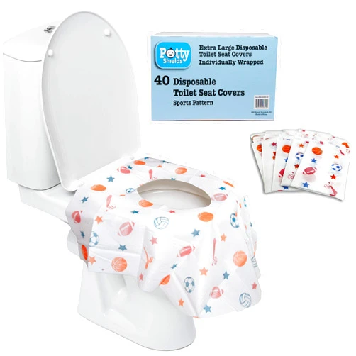 POTTY SHIELDS Disposable Toilet Seat Covers for Kids & Adults, 40 Pack - Protect from Public Toilet Germs While Potty Training & More - Extra Large, Waterproof, Portable, Individually Wrapped - Blue/Sports
