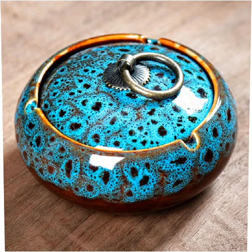 AZOFIA Handmade Ceramic Ashtray with Lids, Windproof Ashtray Smokeless for Indoor or Outdoor, Ash Holder for Patio Desktop Office Smokers, Ash Tray for Tabletop Home Office Decor (Mix Blue, M-Size)