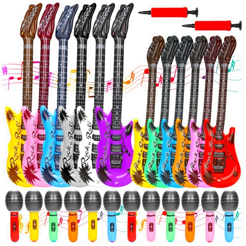 Generic 26Pcs Inflatable Guitar Rock Star Toys Set, Include 37 Inch Electric Colorful Guitar and Microphone for 80s 90s Musical Themed Party Favor, Birthday Party Decorations