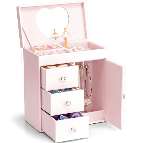 Vlando Musical Jewelry Box for Girls - Valentines Day Gift for Kid - Large Kid Music Box with Ballerina for Birthday Bedroom Decor, 4 Layer Girl Jewelry Gifts for Girls Kids - Light Pink