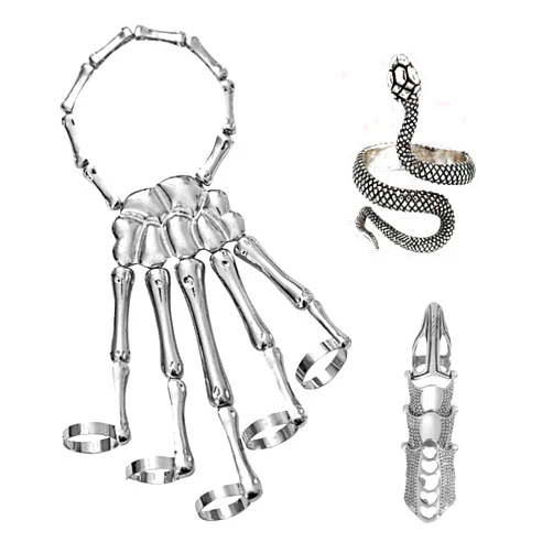 Taichell Skeleton Hand Bracelet Halloween Jewelry Decoration Skull Skeleton Hands with Snake Full Finger Rings for Women Men Punk Goth Bracelets Rings Jewelry Halloween Cosplay