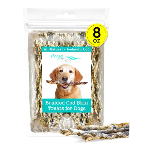 Ocean Tides Braided Icelandic Atlantic Cod Skins for Dogs and Cats, Fish Skin Dog Treats, Cod Sticks for Dogs, Dried Lean Crunch Sticks for Dog - 8 oz