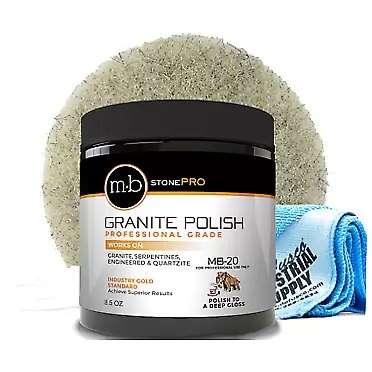 MB Stone Care Granite Polishing Compound 8.5 oz - Norton Ultra Grizzly Pad 7-3/4 Inch - 16 x 16 Microfiber Cloth - Gloves - BUNDLE - 4 Items