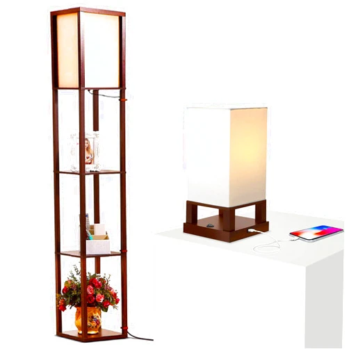 Brightech Maxwell Floor & Table Lamp Set of 2 - Modern Floor Lamp and Nightstand Lamp with USB Port - Perfect for Bedrooms and Living Rooms - LED Bulb, Wood Frame, Soft Ambient Light, Brown Finish
