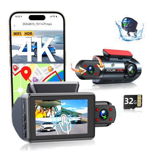 Juscar Smart 3 Channel WiFi Dash Cam with GPS, Voice Control, 2K+1080P+1080P Dash Camera for Cars, 4K+1080P Front and Rear/Inside, 3” IPS Touch Screen, IR Night Vision, 32GB Card Included, 24Hr Parking