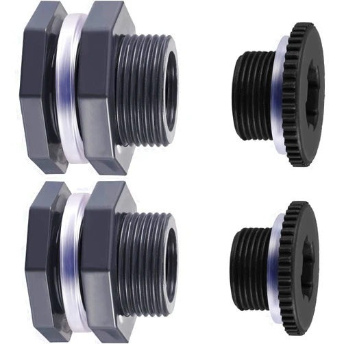 Outus 2 Pieces PVC Bulkhead Fitting with Plugs for Rain Barrels, Aquariums, Water Tanks, Tubs, Pools (3/4 Inch+4 mm Thick Silicon Seal Gaskett, Dark Grey)