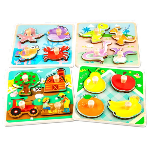 Funsland Wooden Toddler Puzzles, Funsland Peg Puzzles Gifts Toys, 4 Pcs Eco Friendly Animal Patterns Jigsaw with Handles, Infant Kid Fine Motor Skill Learning Educational Montessori Puzzles for 1 2 3 Years Old