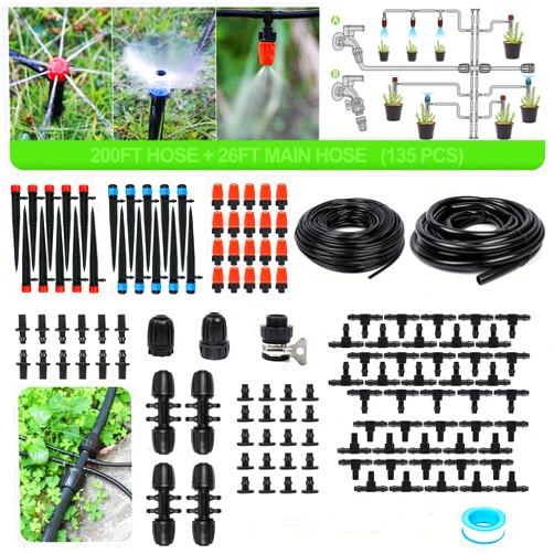MIXC 226FT Greenhouse Micro Drip Irrigation Kit Automatic Irrigation System Patio Misting Plant Watering System with 1/4 inch 1/2 inch Irrigation Tubing Hose Adjustable Nozzle Emitters Barbed Fittings
