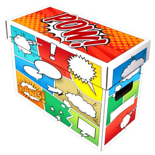BCW Pow! Comic Book Storage Short Box - 1 Pack | Color Comic-Inspired Artwork | Holds 150–175 Comics | Stackable Comic Book Storage Box | Durable Short Box for Current & Silver Age Comics