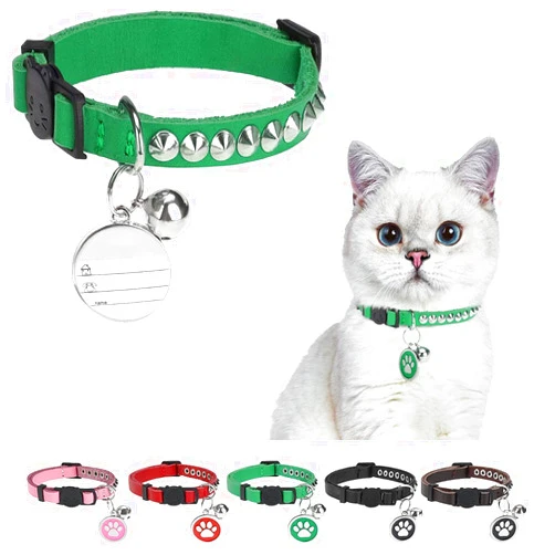 DILLYBUD Leather Personalized Breakaway Cat Collar with Studded Bell and Safety Quick Release Buckle - Rivets Studded ID DIY Collars for Boy Girl Cats Kittens, 9