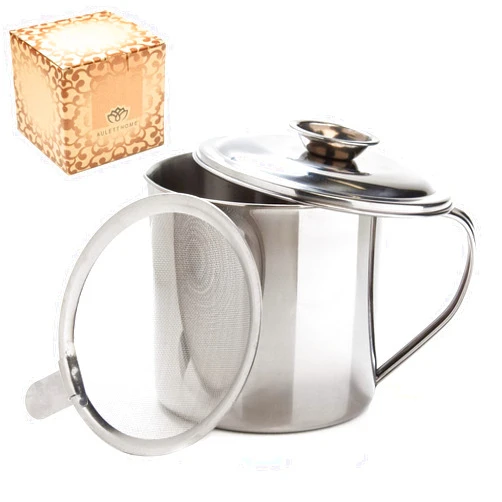 Aulett Home Bacon Fat Container with Oil Strainer - 40 oz Stainless Steel Grease Separator for Kitchen - Oil Separator for Cooking, Storing Fats, Drippings - Grease Keeper for Bacon Fat - 4.5x4.9-Inch