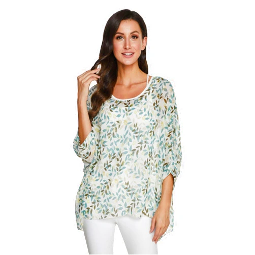 JLTPH Ladies Batwing Chiffon Shirt Bohemian Semi Sheer Loose Floral Blouse Tunic Tops