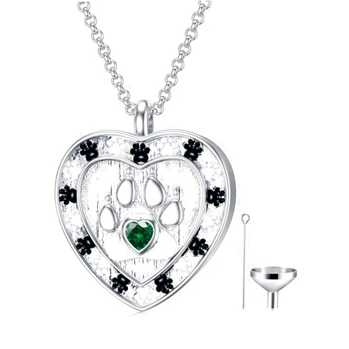 SOULMEET Memorial Pet Necklace for Ashes, Silver/White Gold Paw Print Urn Necklaces with Birthstone for Ashes Keepsake Cremation Jewelry for Pet Cats Dogs