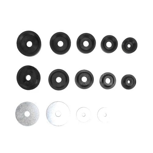 Xiuganpo 14 Pcs Sheet Metal Dimple Die Set, 1.115in, 1.362in, 1.687in, 1.937in, and 2.375in Carbon Steel Flared Hole Dimple Dies Backing Discs Set Replacement for Hydraulic Punch Driver Kit