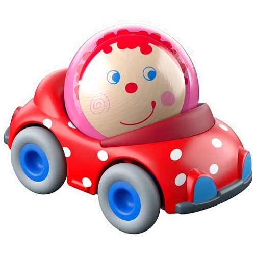 HABA Kullerbu Pauline's Convertible Ball Car - Red Polka Dot Vehicle with Cheerful Wooden Ball Driver - Can be Enjoyed with or Without The Kullerbu Track System - Ages 2+