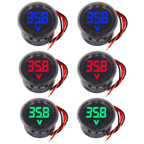 JUZITAO 6 Pieces DC 4-100V Car Voltage Gauge LED Digital Display 12V 24V Waterproof Voltmeter Round Panel Voltage Meter Volt Detector Tester Monitor Vehicle Motorcycle Truck Camper ATV UTV Car Boat