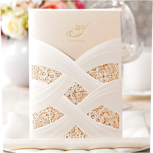 Hosmsua 50PCS Customized Ivory Wedding Invitations Kit 5.12x7.2 Inch Laser Cut Gold Foil Hollow Flora Lace Sleeve Pocket Wedding Quinceanera Invitation with Envelopes