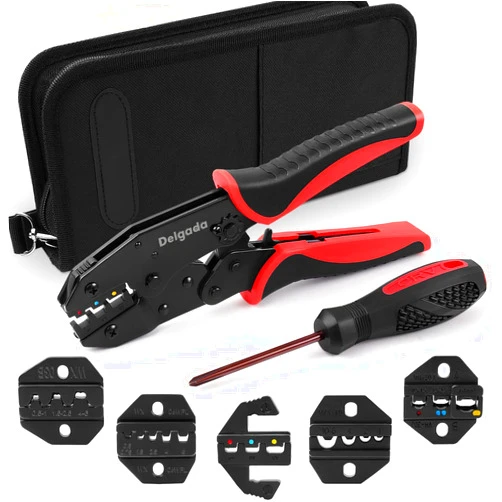 Delgada Ratcheting Crimping Tool Set, 6PCS Interchangeable Jaws Wire Crimper Tools with Screwdriver Carry Bag,Crimping Pliers for Heat Shrink,Insulated,Non-Insulated,Open Barrel,Ferrule Terminals
