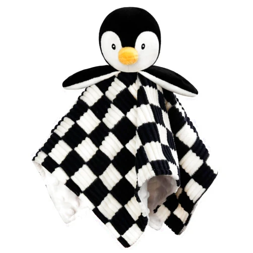 BEILIMU Baby Lovey Blanket for Boys Girls Super Soft Checkerboard Gingham with Minky Dot Fabric Backing Penguin Stuffed Animal Lovely Snuggle Toy Black 14 Inch