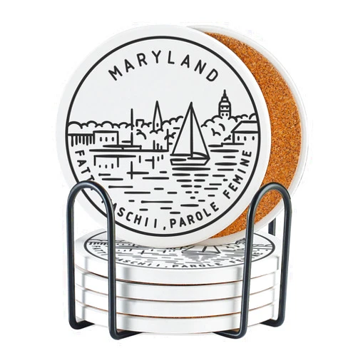 Onebttl US States Themed Travel Homesick Gifts, Ceramic Coaster Set of 6, Absorbent with Cork Base, Souvenirs Home Decor for Women, Moving, Housewarming, Christmas - Maryland