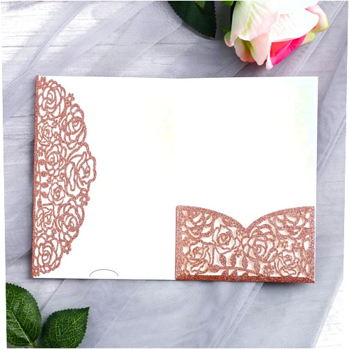YIMIL 20 Pcs 5.12 x 7.21 inch Tri-fold Laser Cut Wedding Invitation Pocket for Wedding Quinceanera Bridal Shower Baby Shower Party Invite (Rose Gold Glitter)