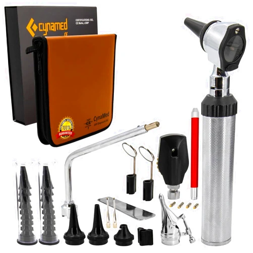 CynaMed ENT Diagnostic Kit - Ear, Nose, Throat Examination Instruments Set - Otoscope, Opthalmoscope, Earwax Remover, Nasal Dilator, Speculum, LED Lights, Mirrors, Replacement Tips, Leather Carry Bag