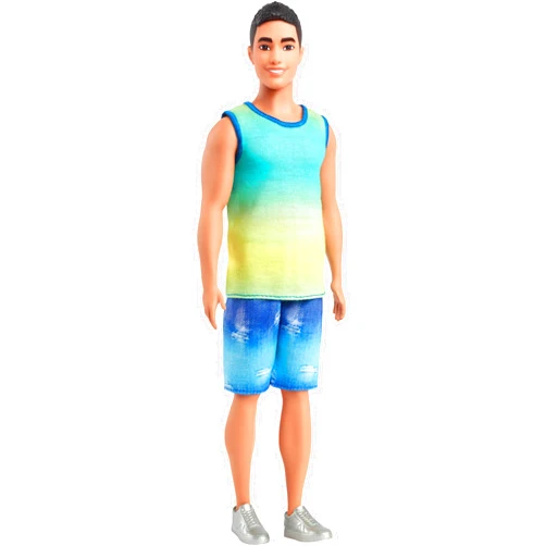Barbie Fashionistas Ken Doll #236 with Black Hair, Wearing Blue and Green Ombre Tank with Jean Shorts and Silver Sneakers